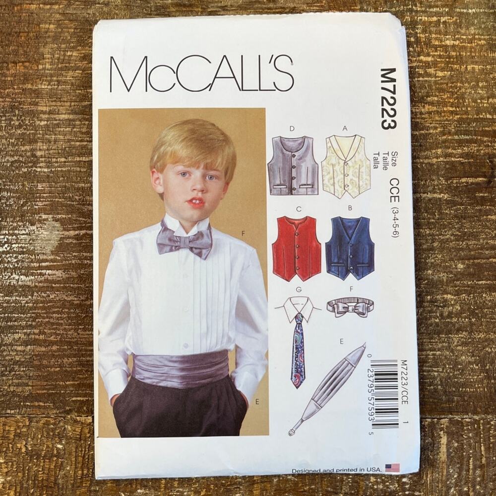McCalls Sewing Pattern Boys Childrens Bow Neck Tie Cummerbund Vest 3-6 UNCUT